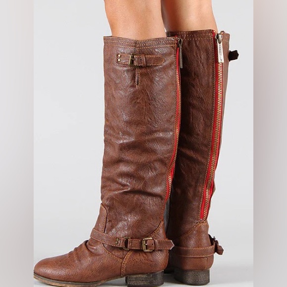 Breckell’s double-buckle riding knee boots with red contrast zipper. - Picture 1 of 5